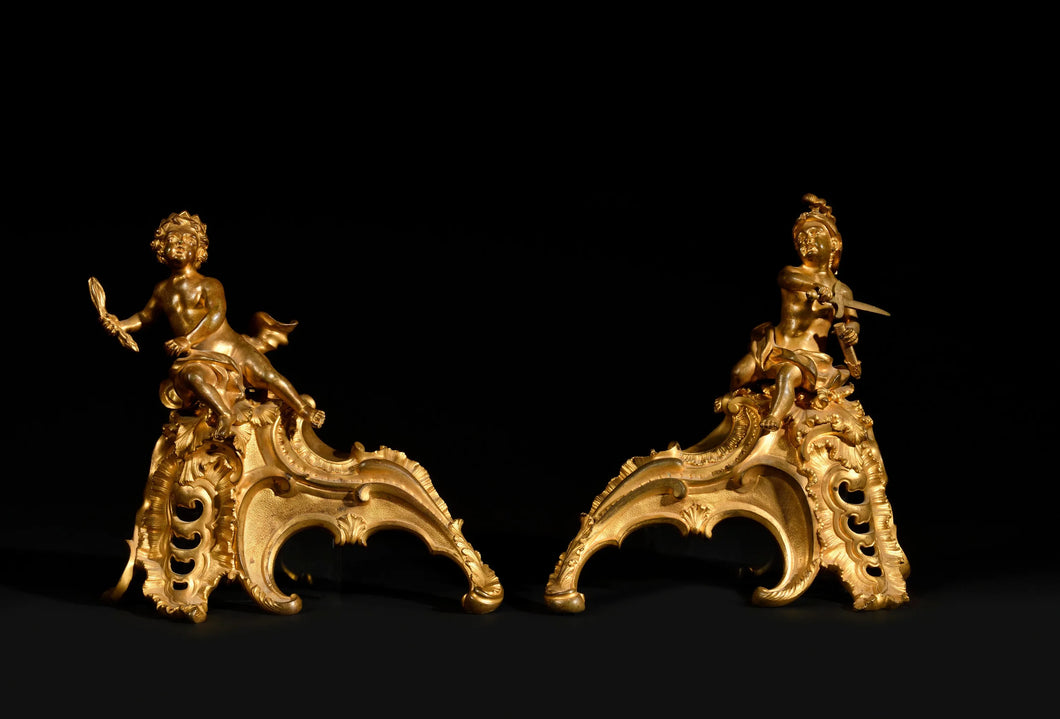Paire de chenets en bronze ciselé et doré figurant Zeus et Mars Époque Louis XV
