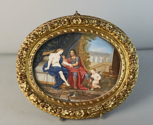 Charmante gouache d'époque XVIIe représentant Renaud et Armide servis par Amour