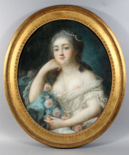 Charger l&#39;image dans la galerie, Paire de pastels - Ecole française du XVIIIème siècle, jeune fille à la guirlande de roses et jeune fille à la colombe
