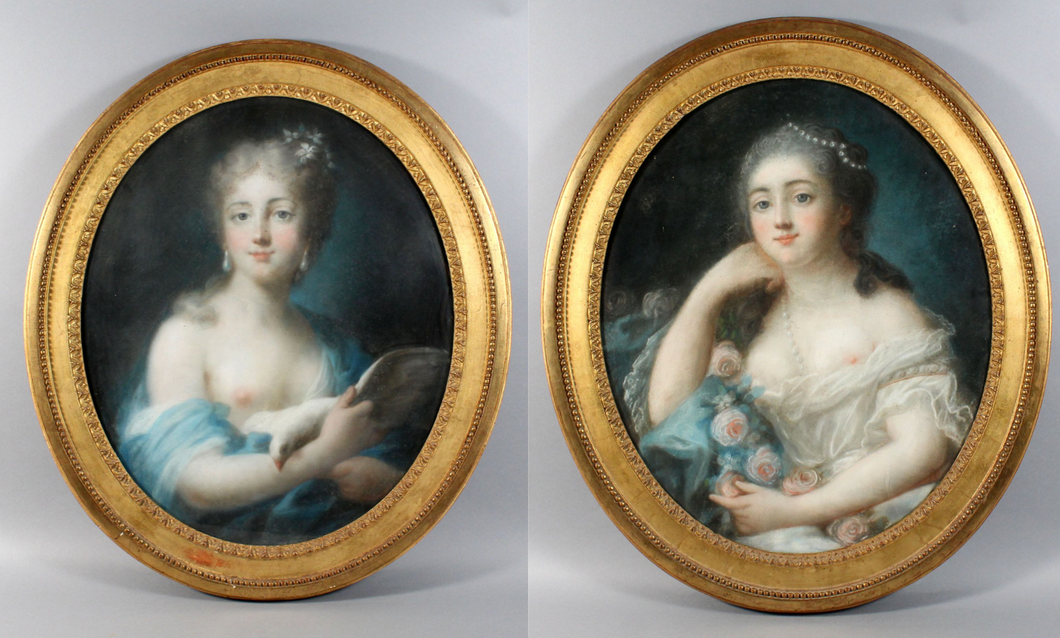 Paire de pastels - Ecole française du XVIIIème siècle, jeune fille à la guirlande de roses et jeune fille à la colombe