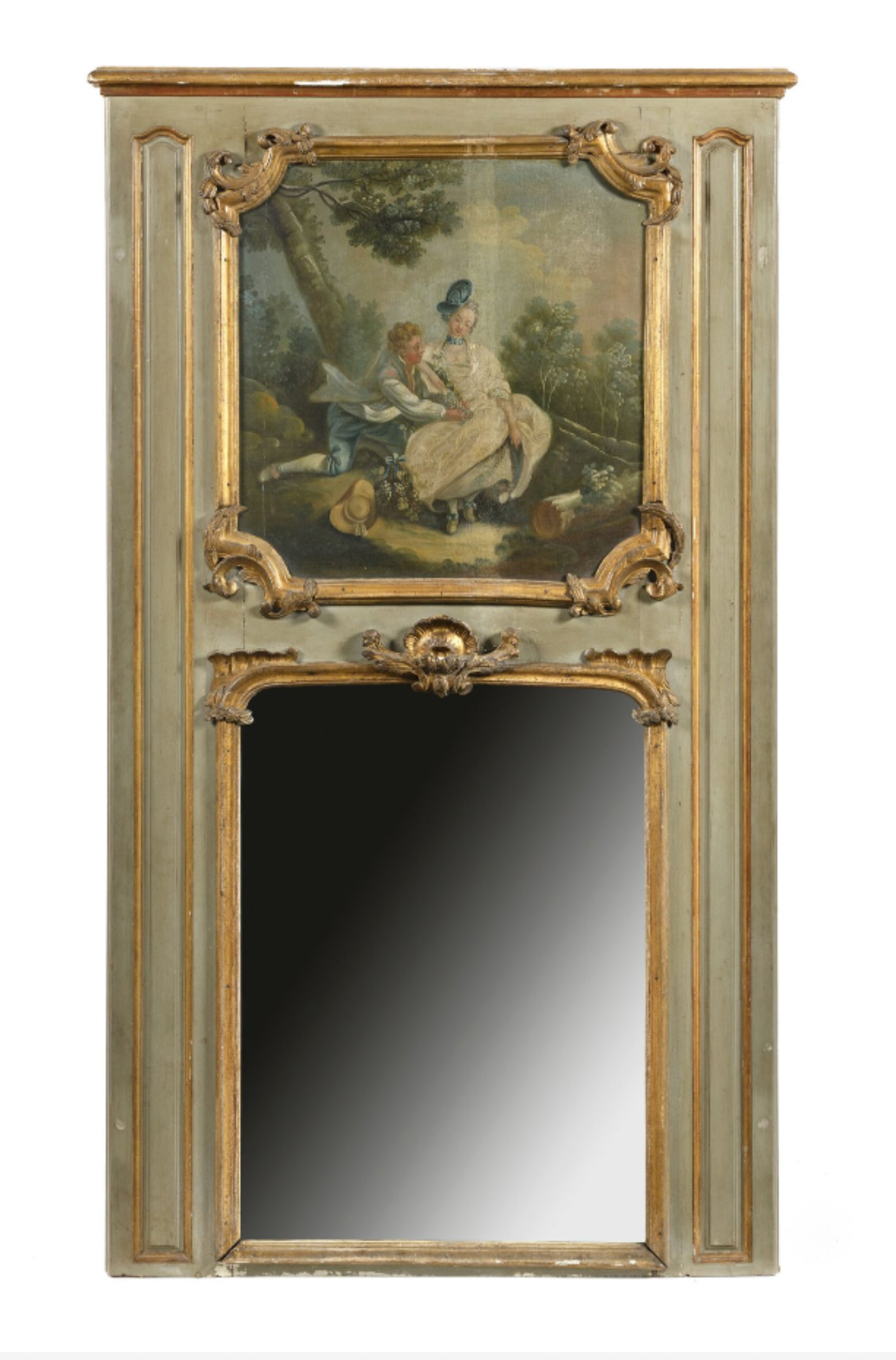 Trumeau en bois mouluré, sculpté, doré, laqué, à décor de coquilles et feuillages. Ep Louis XVI