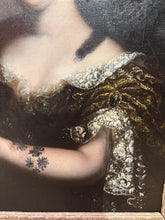 Charger l'image dans la galerie, École du XVIIIe siècle Portrait d'élégante au bouquet de fleur. Huile sur toile.
