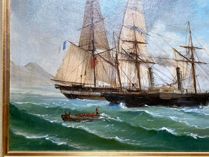École Française du XIXème, Navires à voile et à vapeur. Huile sur toile