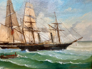 École Française du XIXème, Navires à voile et à vapeur. Huile sur toile