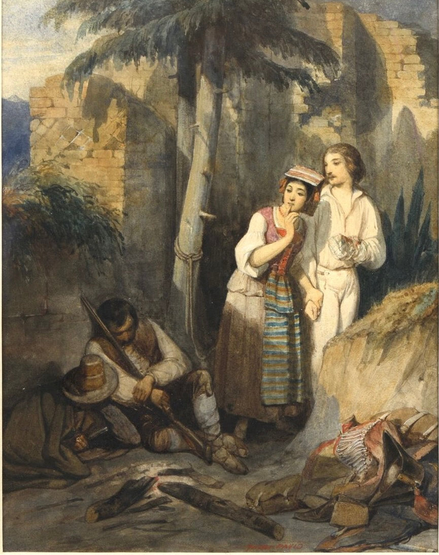 Jules DAVID (1808-1892) Couple fuyant durant le repos des brigands