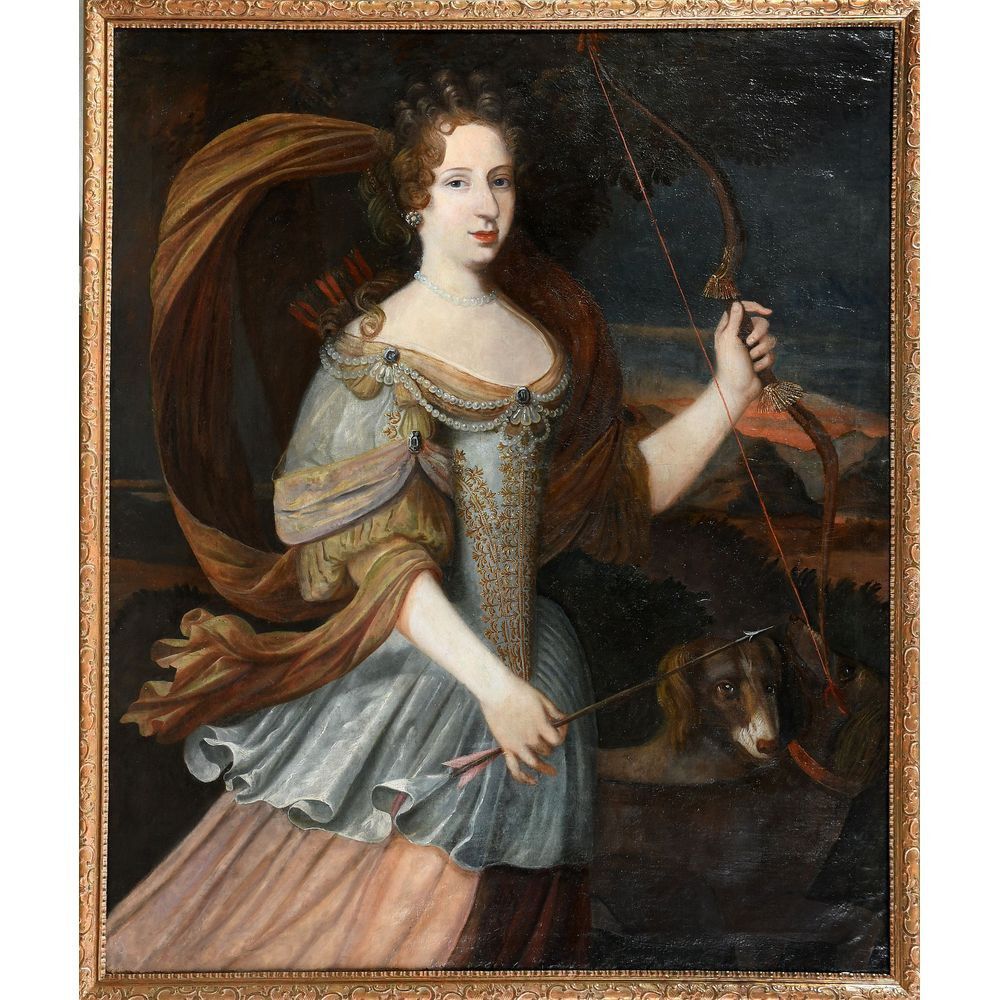 ÉCOLE FRANCAISE fin XVIIè. « Portrait présumé de la grande Mademoiselle, cousine de Louis XIV représentée en Diane chasseresse ». - ARGEADES - Antiquaire Rouen